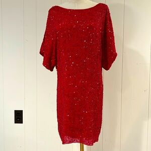 Red Sequined Aidan Mattox Silk Dress - GUC